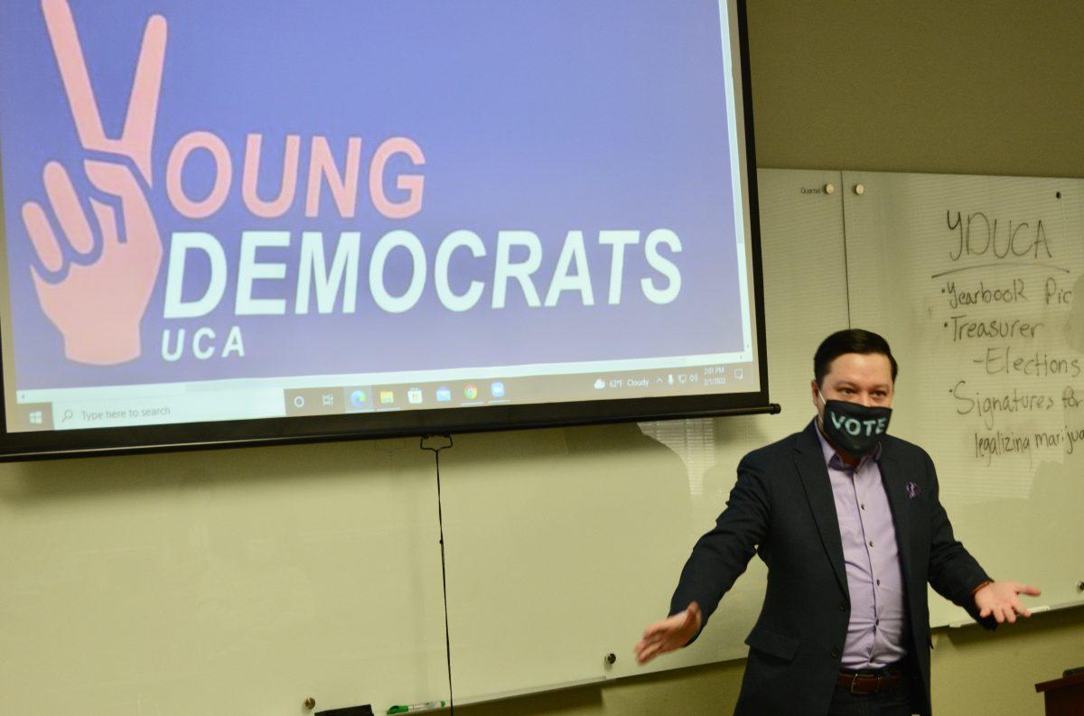 Josh Price, secretary of state candidate, speaks to the Young Democrats RSO about the importance of voting and voter education. 