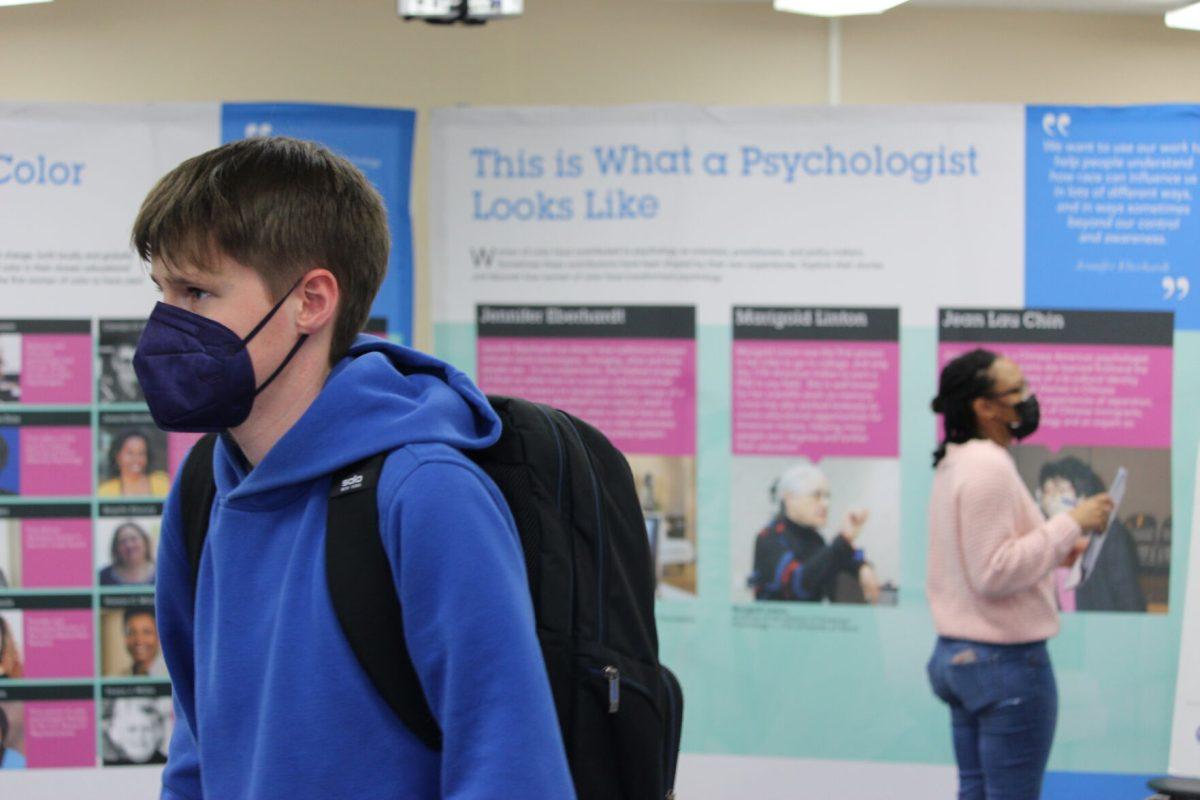 Students view the "I Am Psyched!" exhibit, a touring pop-up exhibit that focuses on women of color's contributions to the field of psychology. The exhibit was located in Mashburn Hall and opened on Feb. 14 and closed on Feb. 18. 