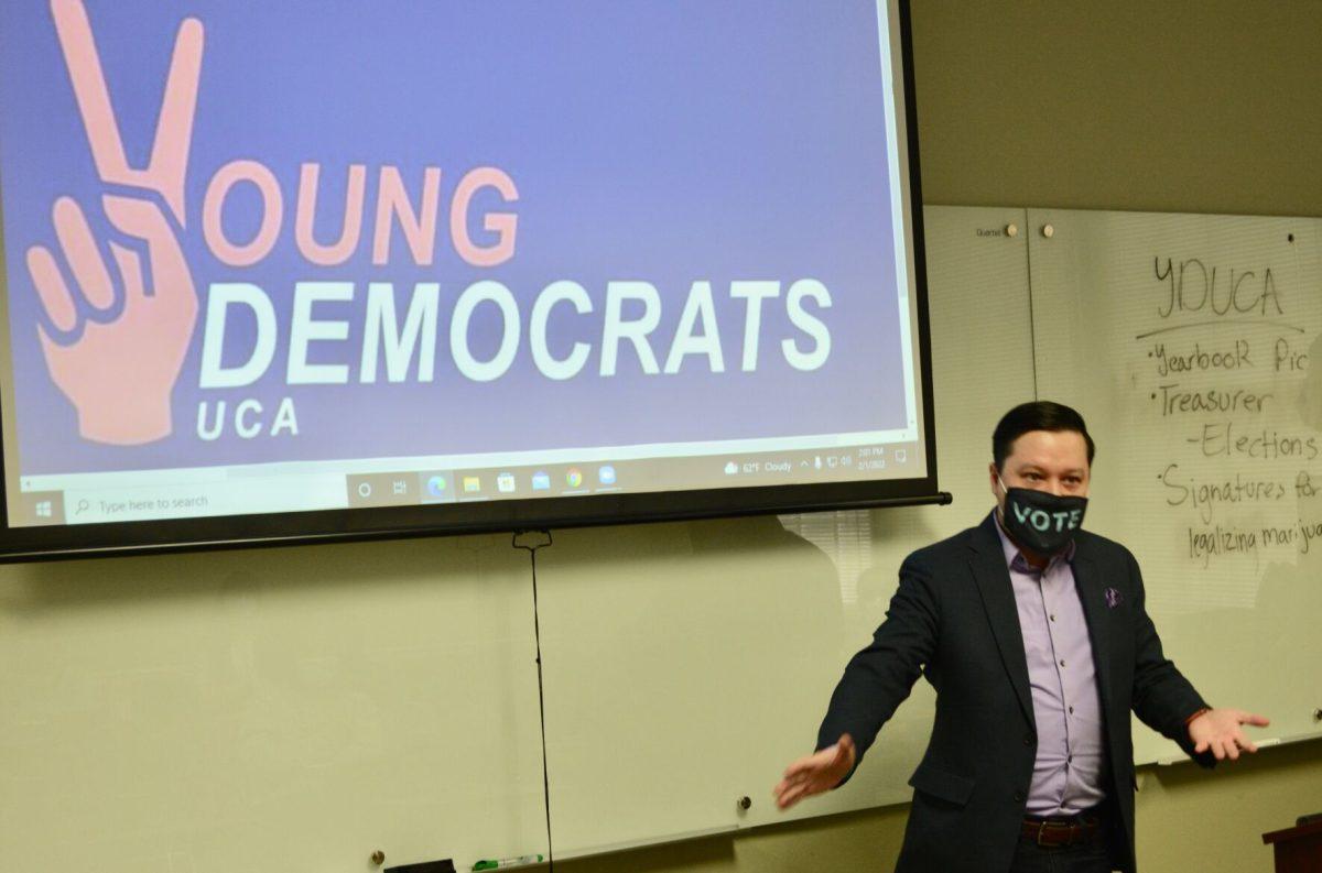 Josh Price, secretary of state candidate, speaks to the Young Democrats RSO about the importance of voting and voter education. 