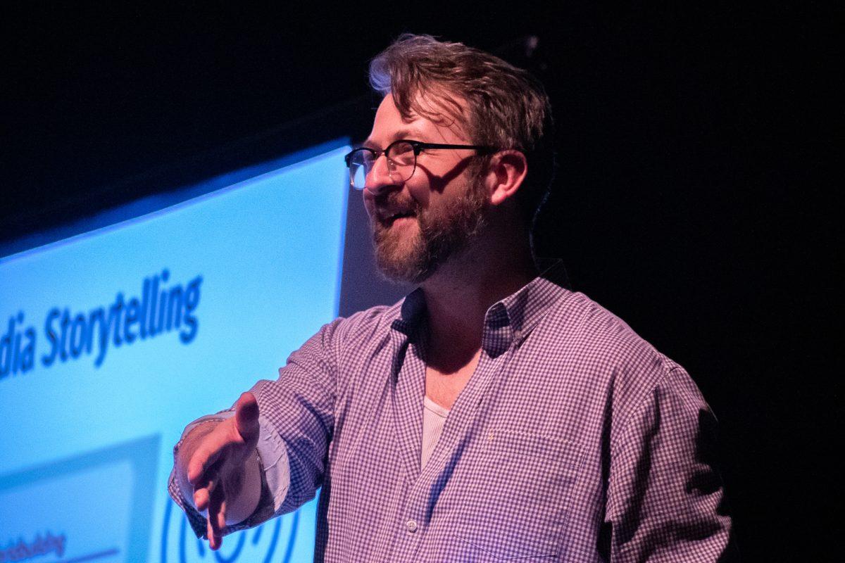 Chad Bradford speaks on the topic of transmedia storytelling, Feb. 10. Bradford cited works such as "Star Wars," "Schitt's Creek" and the Marvel Cinematic Universe as prime examples of transmedia storytelling, the act of telling a story across multiple platforms in order to create a unified entertainment experience. 