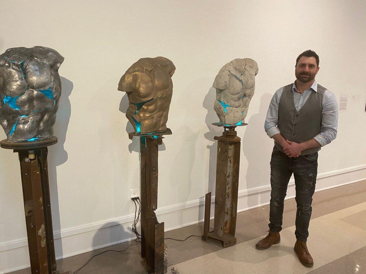 BFA student Josh Reynolds, “Unscathed I, II, III, 2022.” Bronze, Concrete, and Aluminum, LED light.