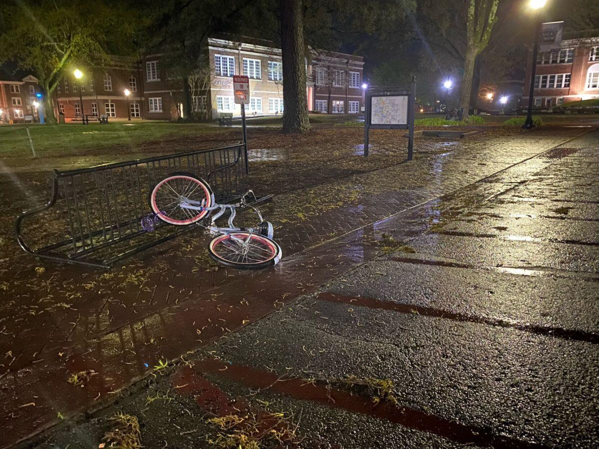 A bike turned over outside of McAlister Hall. Strong storms moved through Arkansas on Monday, April 11. Widespread power outages occured across campus and the city of Conway
 