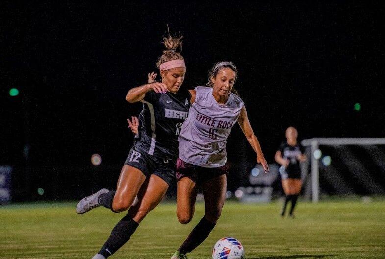 Graduate student Gracie Hair of UCA rushes to keep the ball ahead of UALR junior Karina De Paoli. This match up was the third game for UCA women’s soccer and first win of the season with a 3-1 final score.