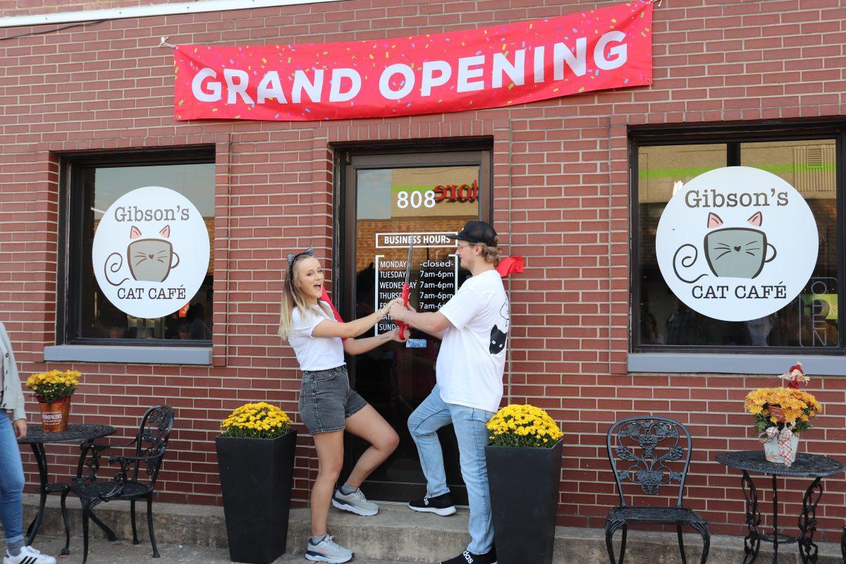 Gibson's Cat Café owners Shelby and Drew Blacksmith cut the ribbon to commemorate the cafe's grand opening, Saturday, Sept. 24, at 8 a.m.