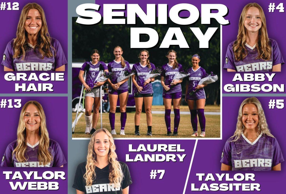 UCA’s women’s soccer seniors celebrate at their last home game Oct. 16. Seniors Gracie Hair, Taylor Webb, Laurel Landry, Abby Gibson and Taylor Lassiter shared their plans after graduation and celebrated their time on the team with pre-game festivities.