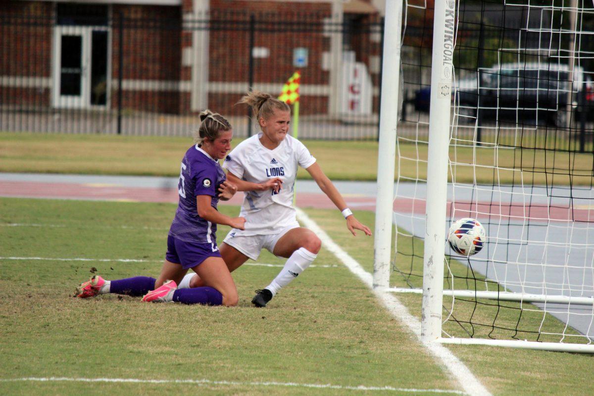 North Alabama graduate student midfielder Kate Wiseman (right) attempts to stop UCA senior midfielder Sydney Brough (left) from scoring. This matchup was the last home game for the UCA team and they claimed a 3-1 victory.