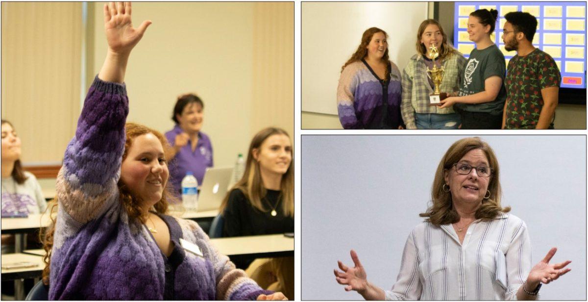 Left: Writing, rhetoric and information design major Madison Porter answers a question during Jeopardy.Top right: Journalism and writing, rhetoric and information design students win the game in a tie.Bottom right: Ellen Kreth speaks to an audience about how her newspaper uncovered a Title IX story at a junior high school in Huntsville, Arkansas.