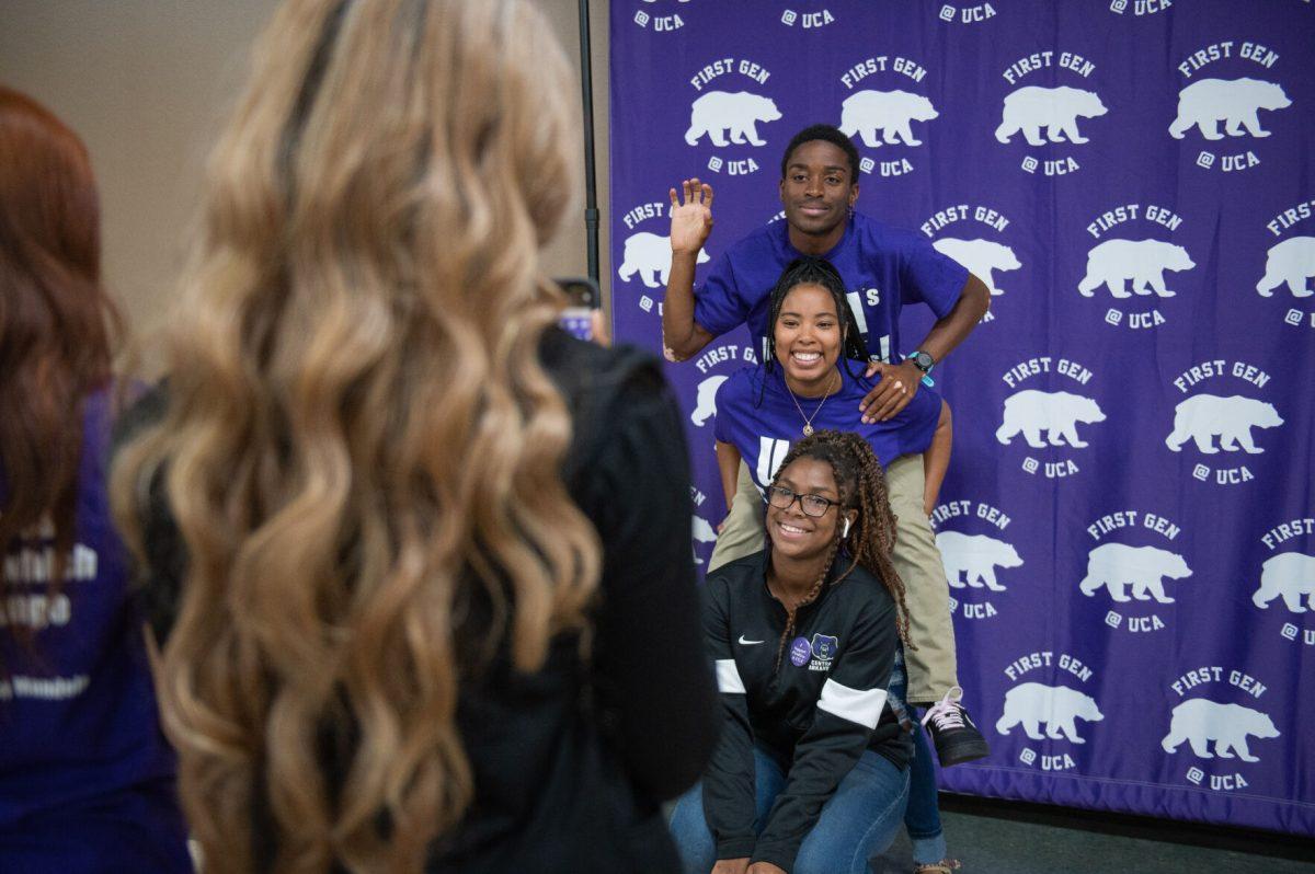 Students pose at a photo booth at the celebration for first-gen students Nov. 8 at the Ronnie Williams Student Center. UCA’s First Generation Scholars Society, also known as UCA’s F1RSTs, is an RSO for both first-gen students and their supporters, according to UCA’s website.