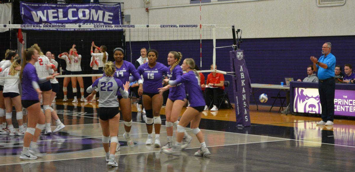 The Sugar Bears take a moment to celebrate during their game against Liberty University. This was UCA’s 14th ASUN Conference game of the season and they will play against Austin Peay Nov. 11 at the UCA Farris Center.