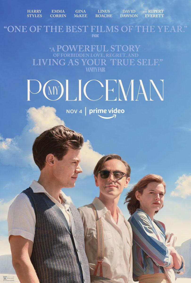 Harry Styles (left), David Dawson (middle) and Emma Corin star in “My Policeman.” The Amazon Studios film follows a love triangle between a policeman, his wife and his lover.