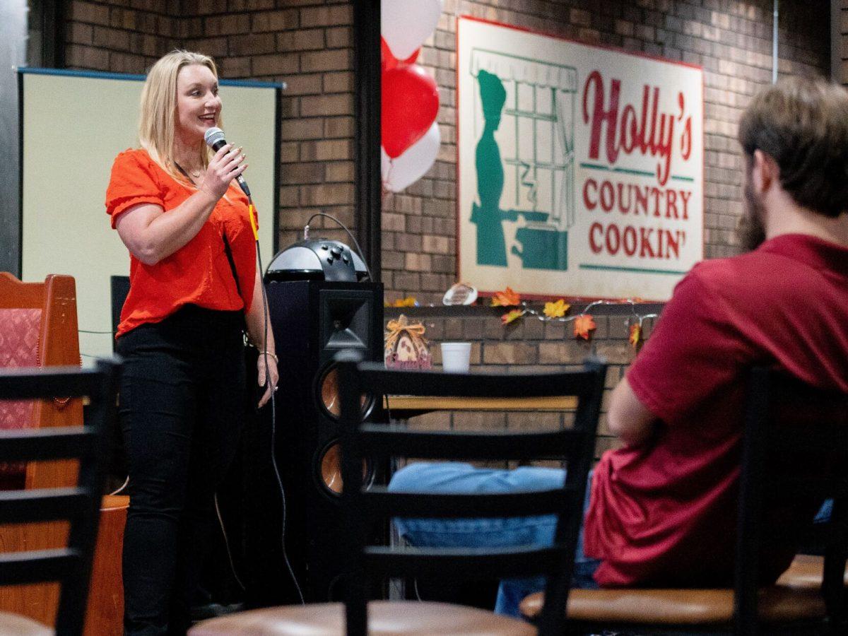 Maree Coats, the Republican candidate for Faulkner County justice of the peace for District 2, gives a speech at Holly’s Country Cookin’ in Conway as results come in on election night, Nov. 8. Coats won her race with 68.97% of the vote.