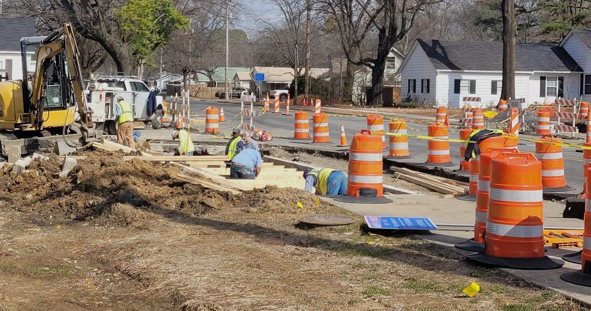 City employees work Feb. 6 to convert existing Donaghey-Prince infrastructure to a roundabout. Construction began in January on the city’s 33rd full-size roundabout, and it will be completed in April or May.