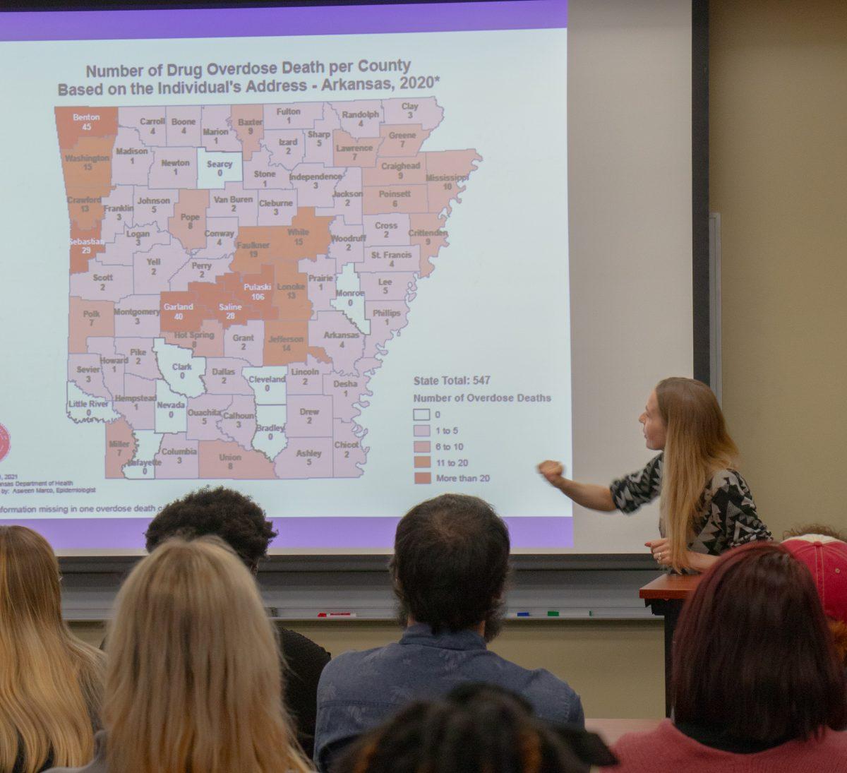 Rose presents overdose data by county to faculty and staff. Rose said she struggled to get the Naloxbox program on campus for five years.