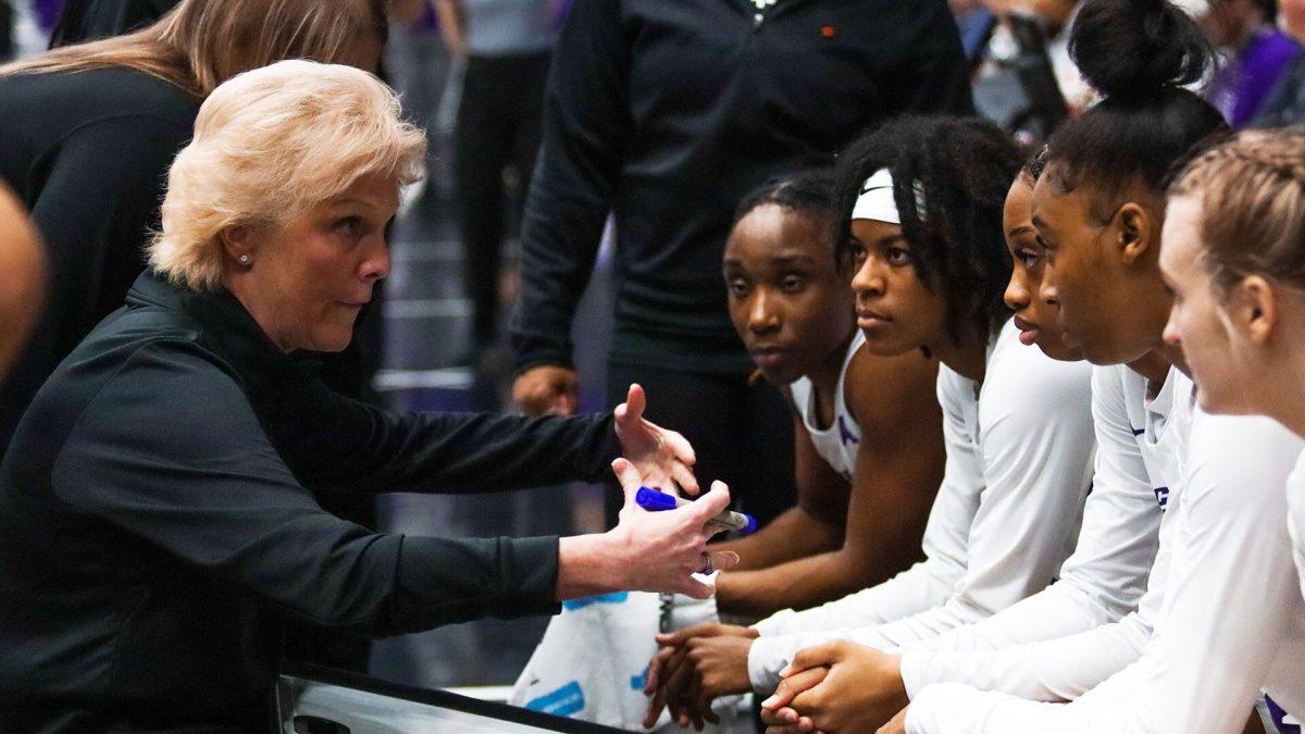 Coach Sandra Rushing discusses plays with the UCA women's basketball team. Sandra joined UCA for the 2012-2013 season, staying with the Bears for a decade.