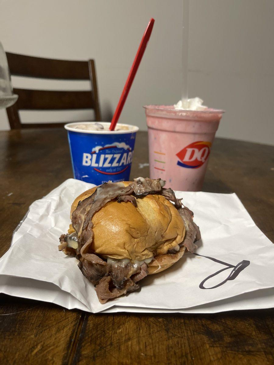 Arby's new Garlic Ribeye Sandwich with Dairy Queen's new blizzard and shake. The new sandwich was released Jan. 23.