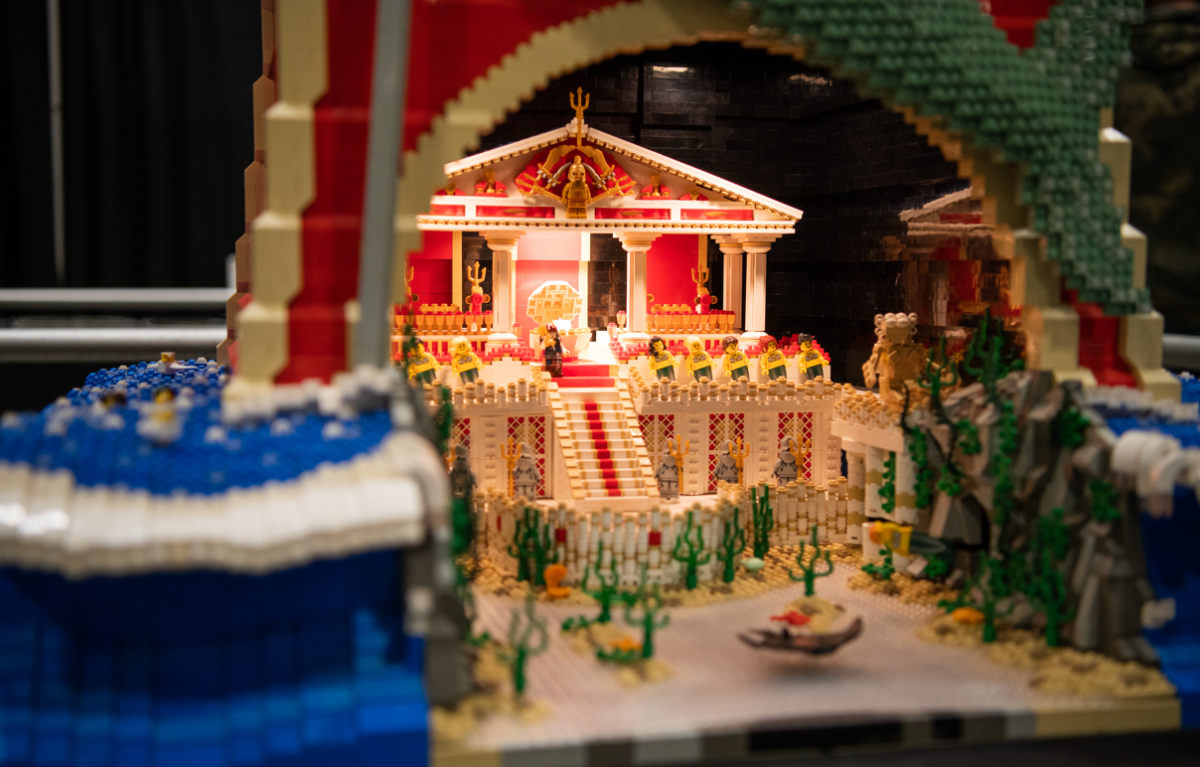 The inside of an original piece by Paul Hetherington, entitled "Poseidon Guardian of Atlantis." The piece took 230 hours to complete and is made of 23,450 Lego bricks.