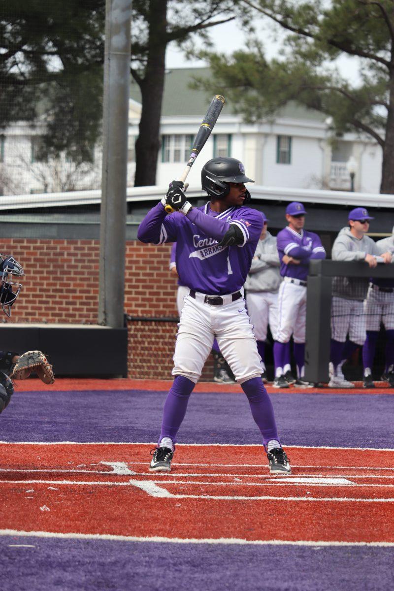 Senior outfielder Kolby Johnson prepares to swing at the bottom of the eighth. Johnson scored a total of five runs throughout the series against UT Martin.