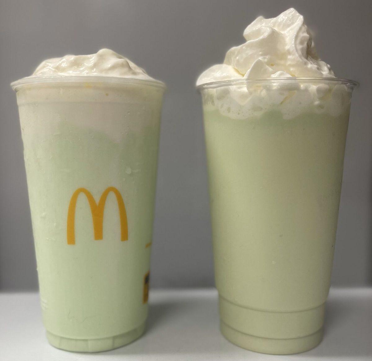 On the left is the McDonald's 'Shamrock Shake,' on the right is the copycat shake. The minty McDonald's treat is available for a limited time.