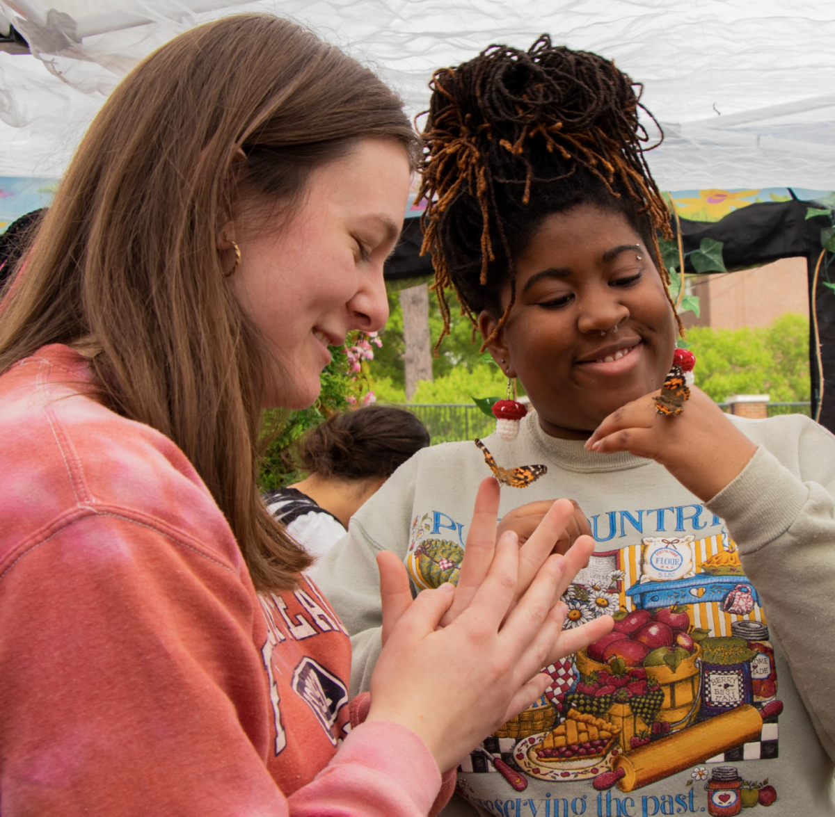 Butterflies land on students’ hands.