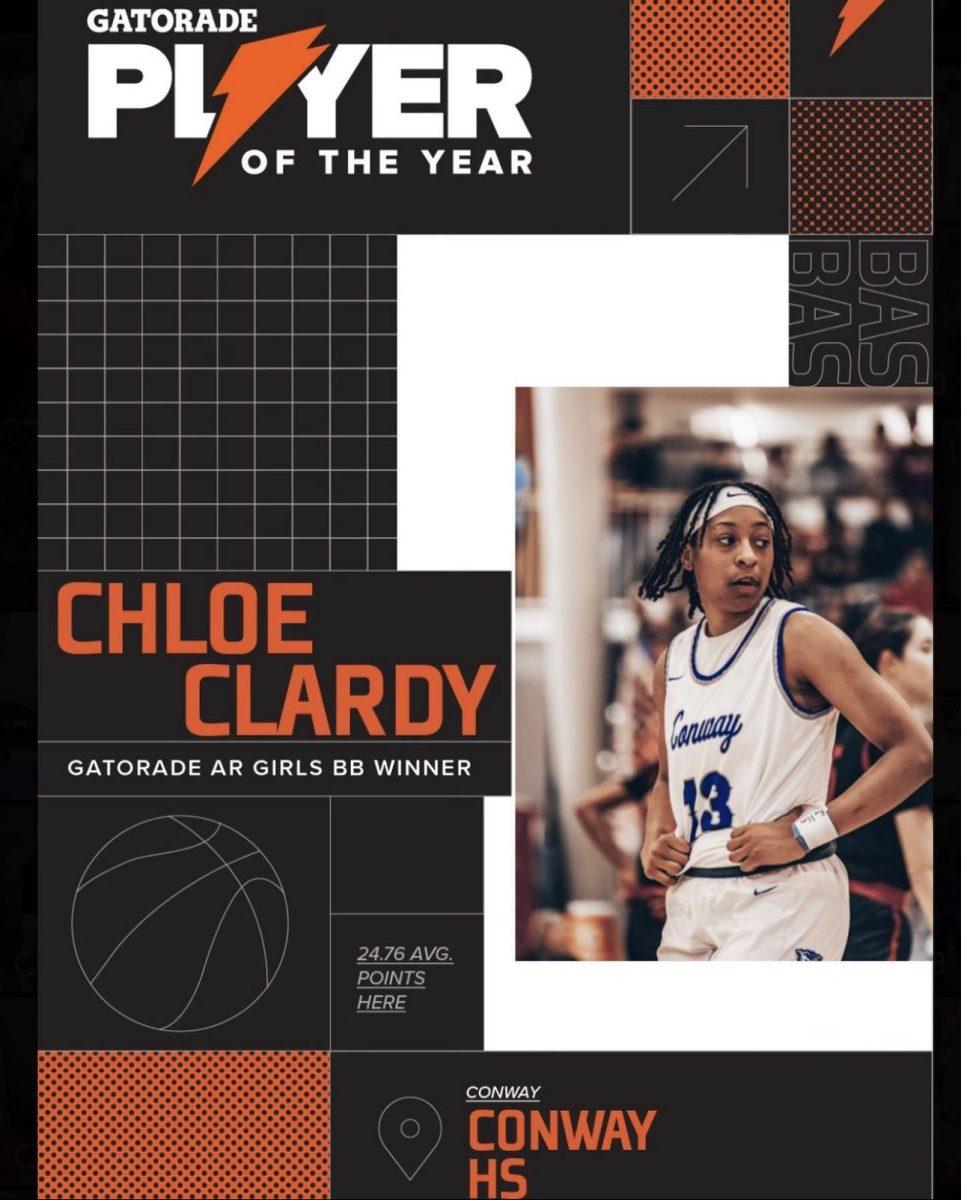 Chloe Clardy, a senior guard on the Conway High School basketball team, is featured on a flyer as Gatorade's Arkansas Girls Player of the Year. She will continue her basketball career at Stanford University next year.