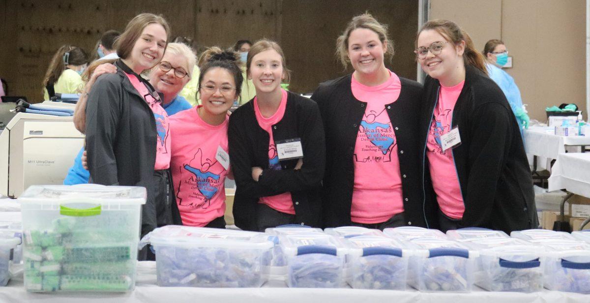 Volunteer dental hygienists, from left to right, Kaylee Brown, Lisa Childers Hernandez, Jenny Chokbengboun, Kaylee Hood, Becca Miller and Destiny Wilson stand in front of the dental tools they were responsible for sanitizing. The event was April 13-14 and helped over 1,400 people.