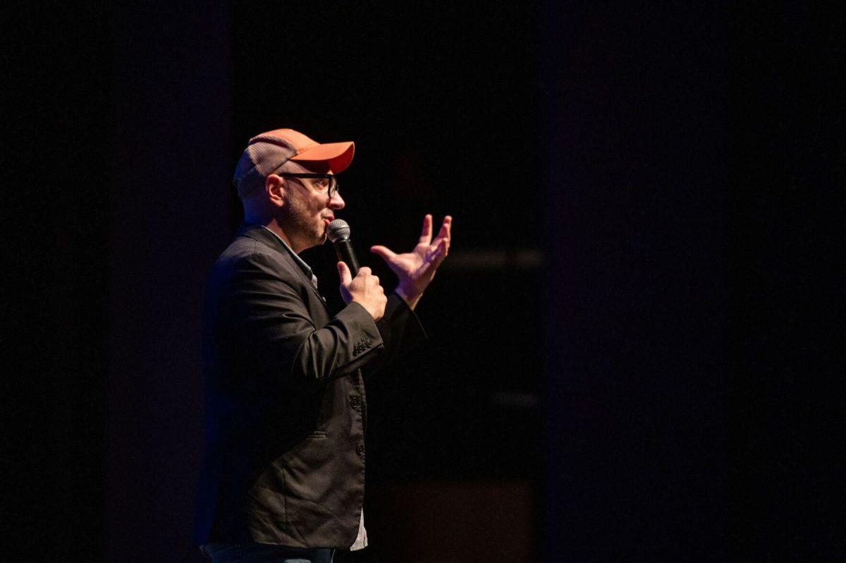 Steve Burns speaks during his opening statement to the Reynold's Performance Hall audience. Burns gave his advice on mental health and later answered questions from the crowd.