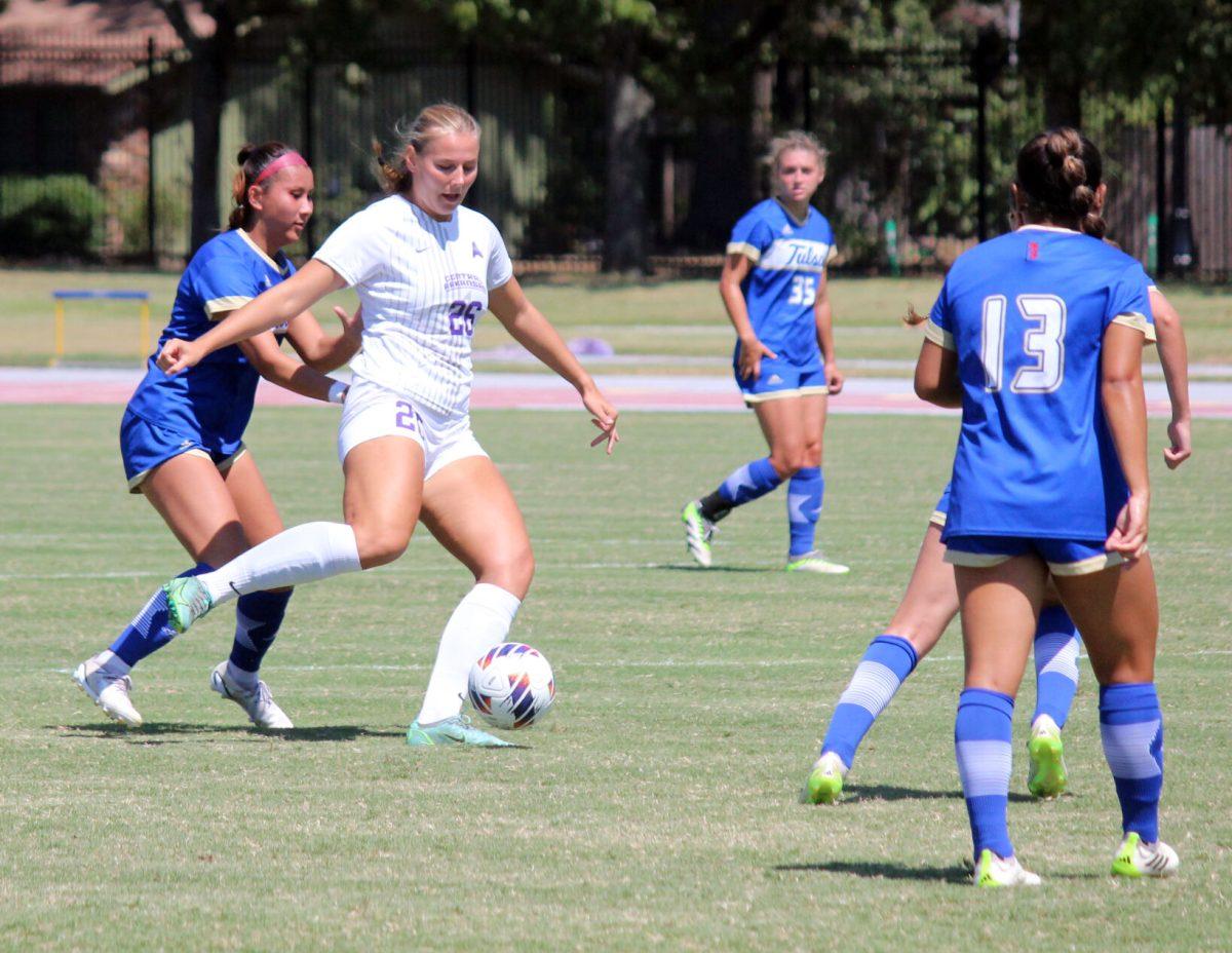 Sophomore forward Lea Duus Madsen connects a pass away from a hurricane defender.