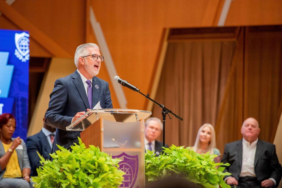 President Houston Davis addresses the audience in the Windgate Fine and Performing Arts Center. Davis made three major announcements during the event about the future of UCA,