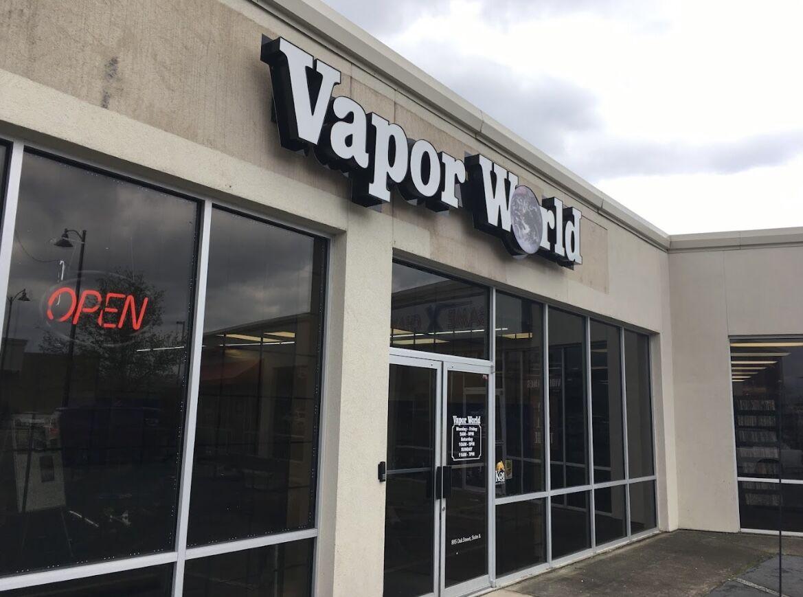 VaporWorld storefront, located on 895 W Oak St, is photographed on a cloudy day. The recent statewide ban on delta-8 products caused the store's sales to drop by 30%/