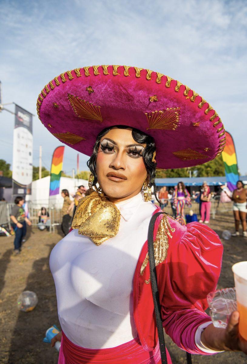 A Pride attendee dons an outfit celebrating Hispanic culture.