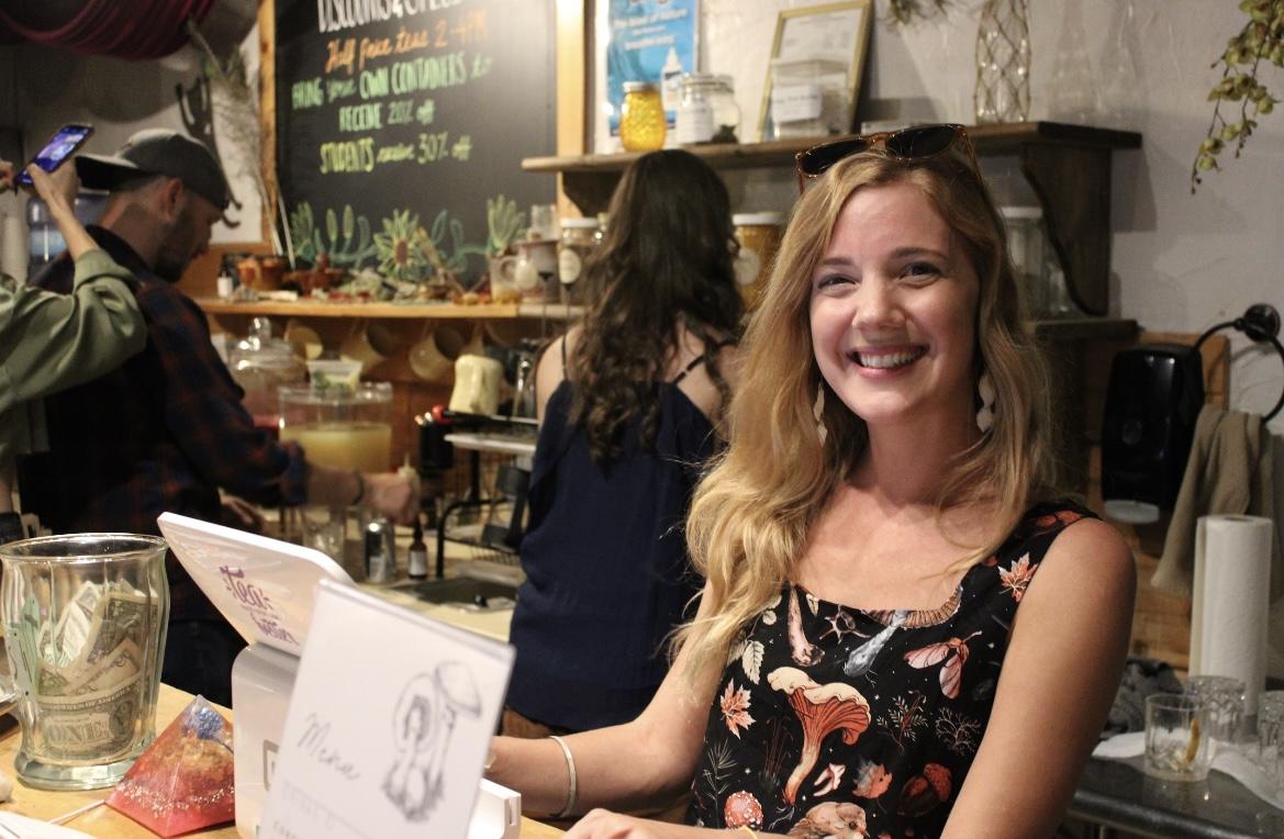 Emily Clark, owner of Righteous Remedies wears a mushroom-adorned outfit for the Mushrooms and Mocktails event. Righteous Remedies teamed up with Silly Side Bend Farms to host the event. 