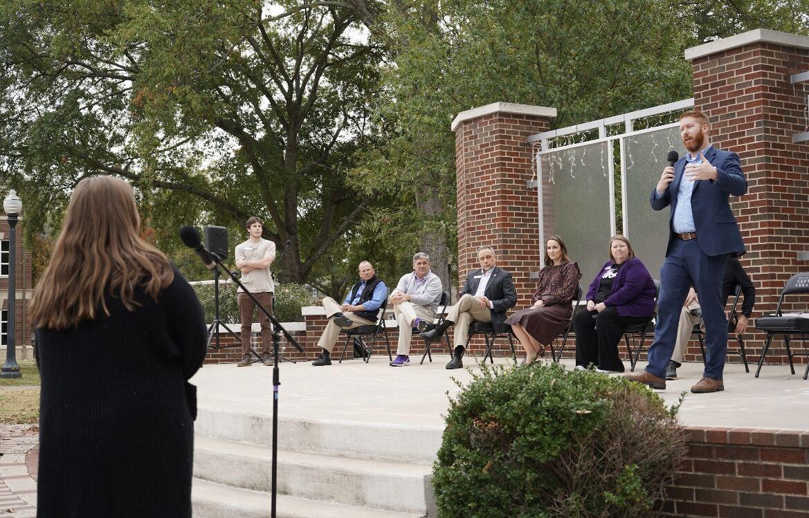 General Manager of Dining Services Joshua Gorham answers a question from senior SGA CAHSS Representative Makenna Goss on Nov. 16. UCA President Houston Davis' cabinet answered questions related to campus safety, parking, dining services and more at the SGA Town Hall.
 