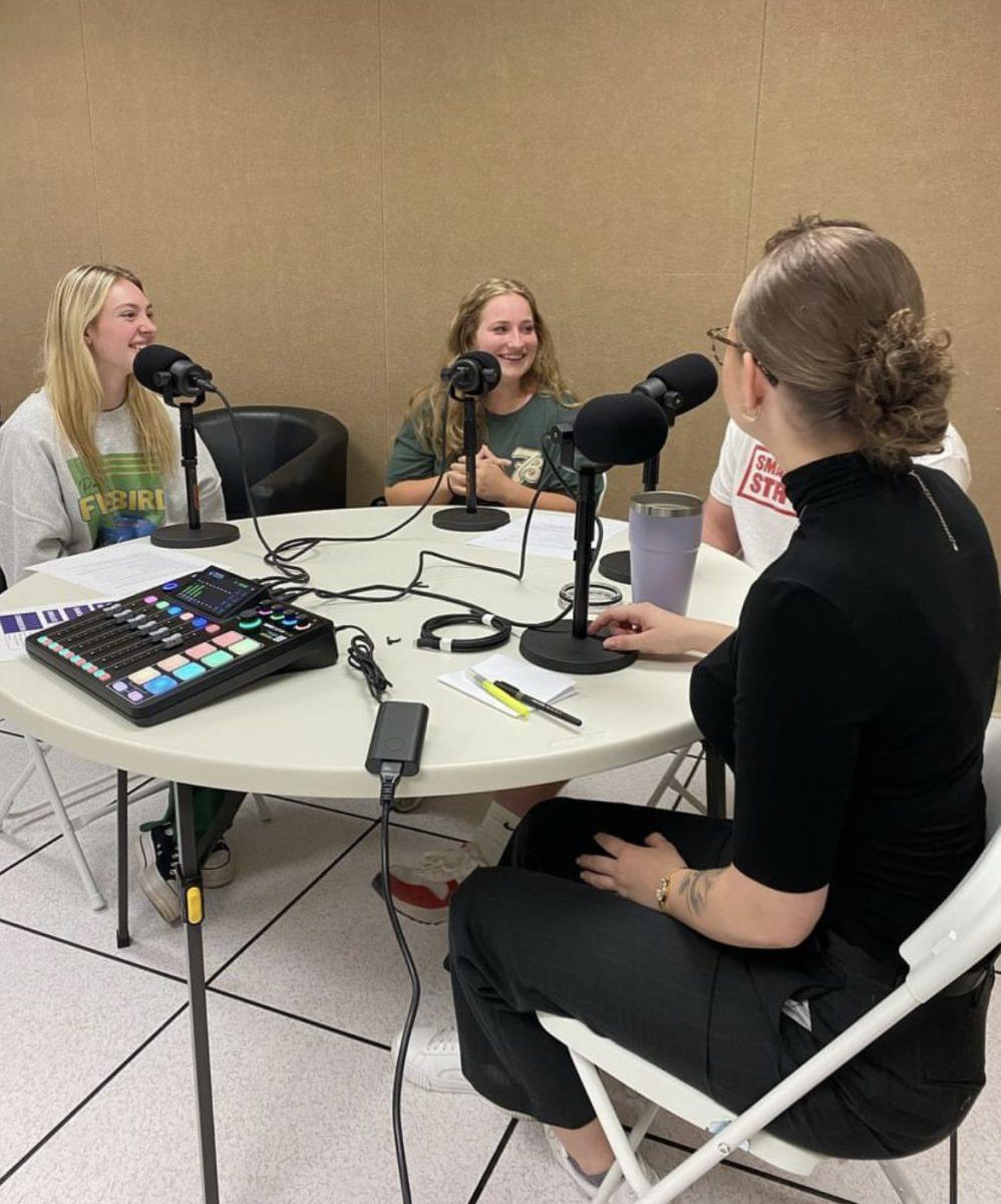 Students (left to right) Emily Wallace, Hannah Rohrer, Thomas Staab and Gabby Stogsdill work on the "Bears Out of the Box" podcast. Students also had their own podcasts focused on topics of their choosing.  