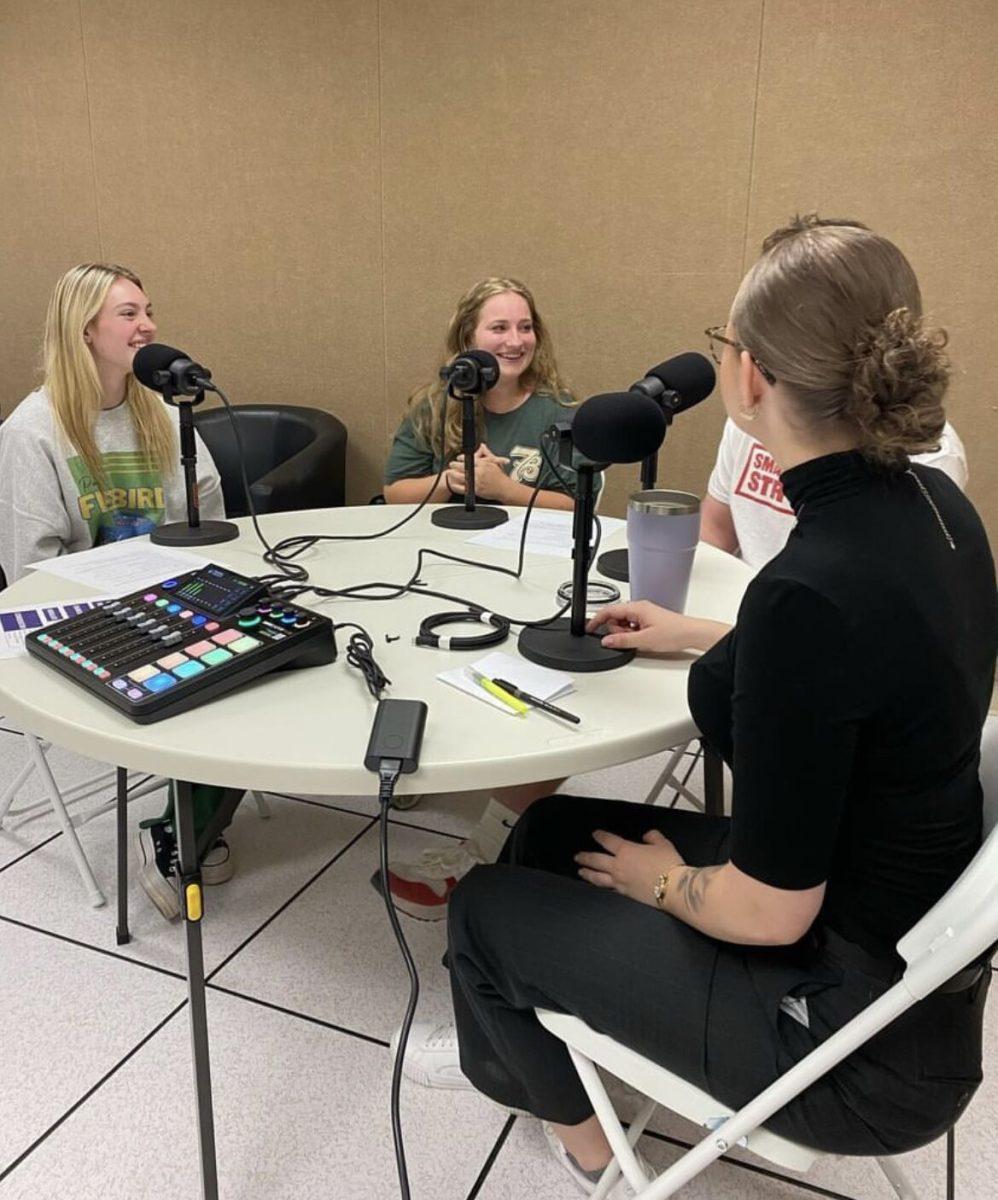 Students (left to right) Emily Wallace, Hannah Rohrer, Thomas Staab and Gabby Stogsdill work on the "Bears Out of the Box" podcast. Students also had their own podcasts focused on topics of their choosing.
 
 