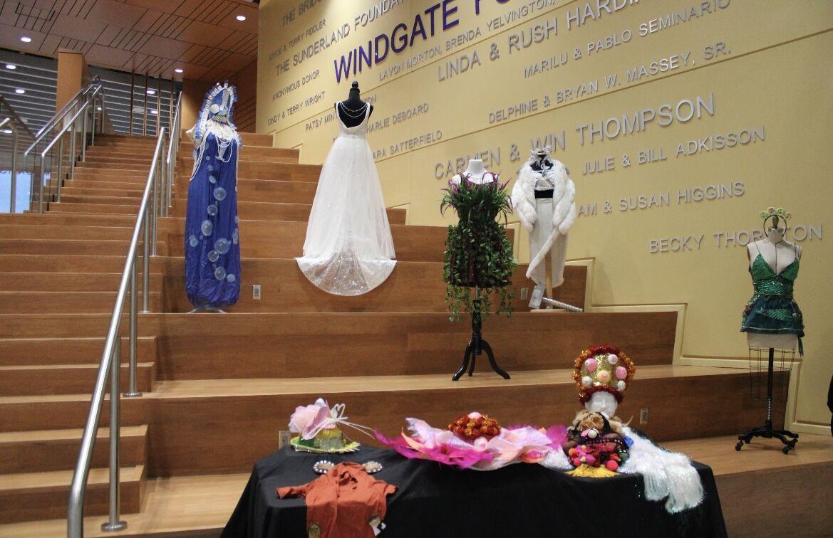Designs by Allyson Dombey sit on the Keystone steps of the Windgate Center for Fine and Performing Arts. A reception was held Nov. 17 where Dombey discussed her work.