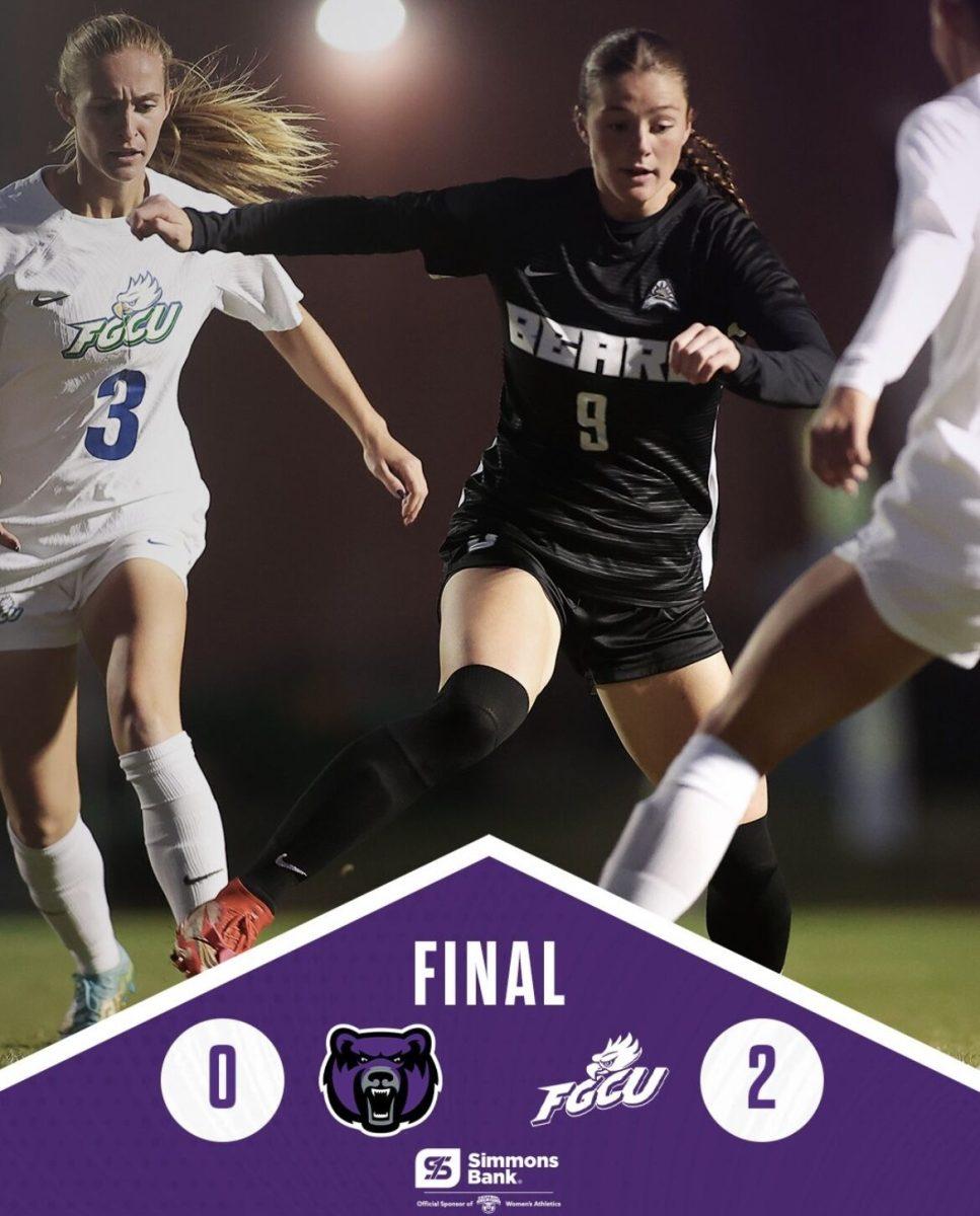 UCA junior and forward Anna Kerr defends her possession of the ball against two Eagle defenders. The Eagles have knocked UCA out of the semifinals two years in a row.