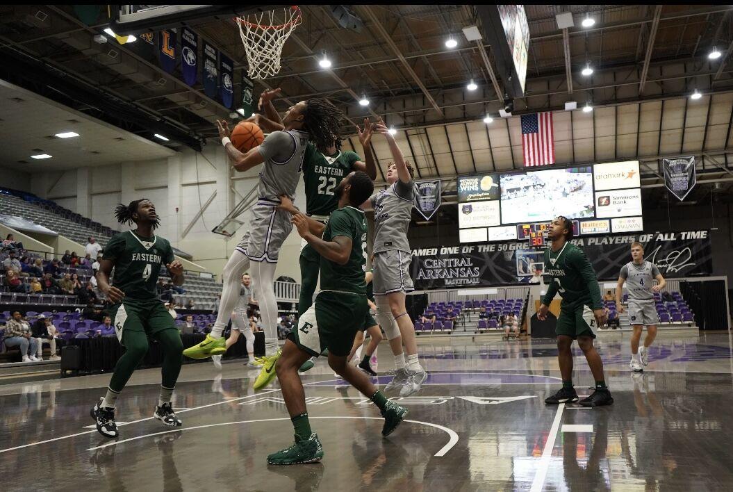 Freshman guard Javion Guy-King jumps for a layup.