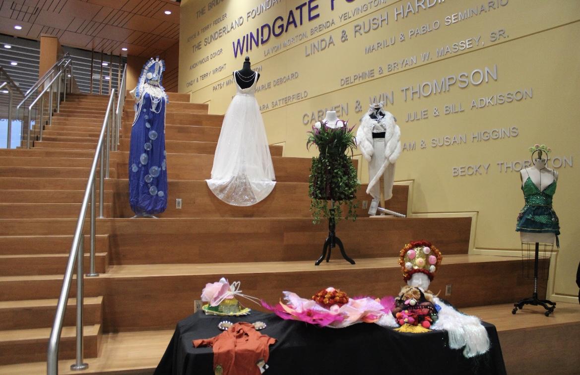 Designs by Allyson Dombey sit on the Keystone steps of the Windgate Center for Fine and Performing Arts. A reception was held Nov. 17 where Dombey discussed her work.