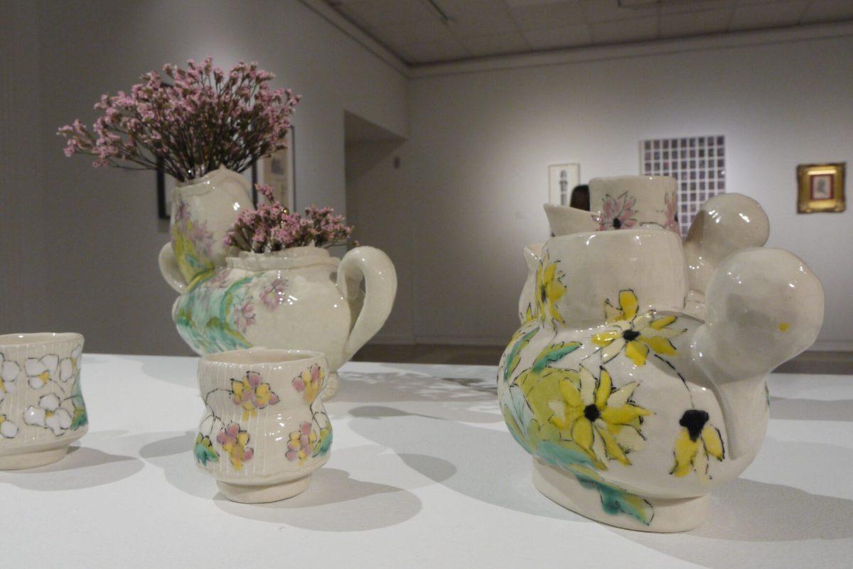 Handmade pottery is showcased at the Baum Gallery's latest exhibit. Students and faculty can view these pieces until the next showcase in August.