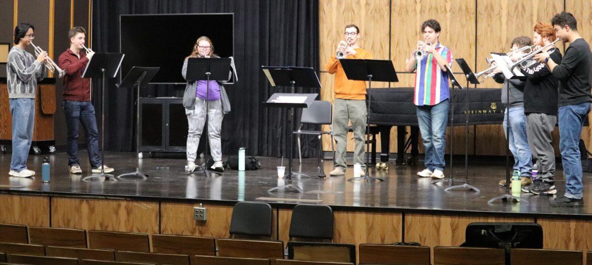 The UCA trumpet ensemble practices in the Snow Fine Arts Recital Hall Jan. 26. The musicians will travel to Texas A&amp;M University in March where they will play "Infinite Ascent" by Erik Morales in the National Trumpet Competition, one of the largest trumpet competitions in the United States.