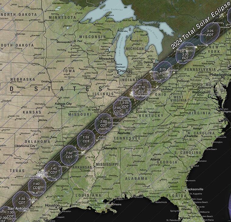 This map, published by NASA, shows the predicted path of the total solar eclipse on April 8. The path of totality includes Conway and major metropolitan areas such as Indianapolis, Cleveland and Austin, Texas.