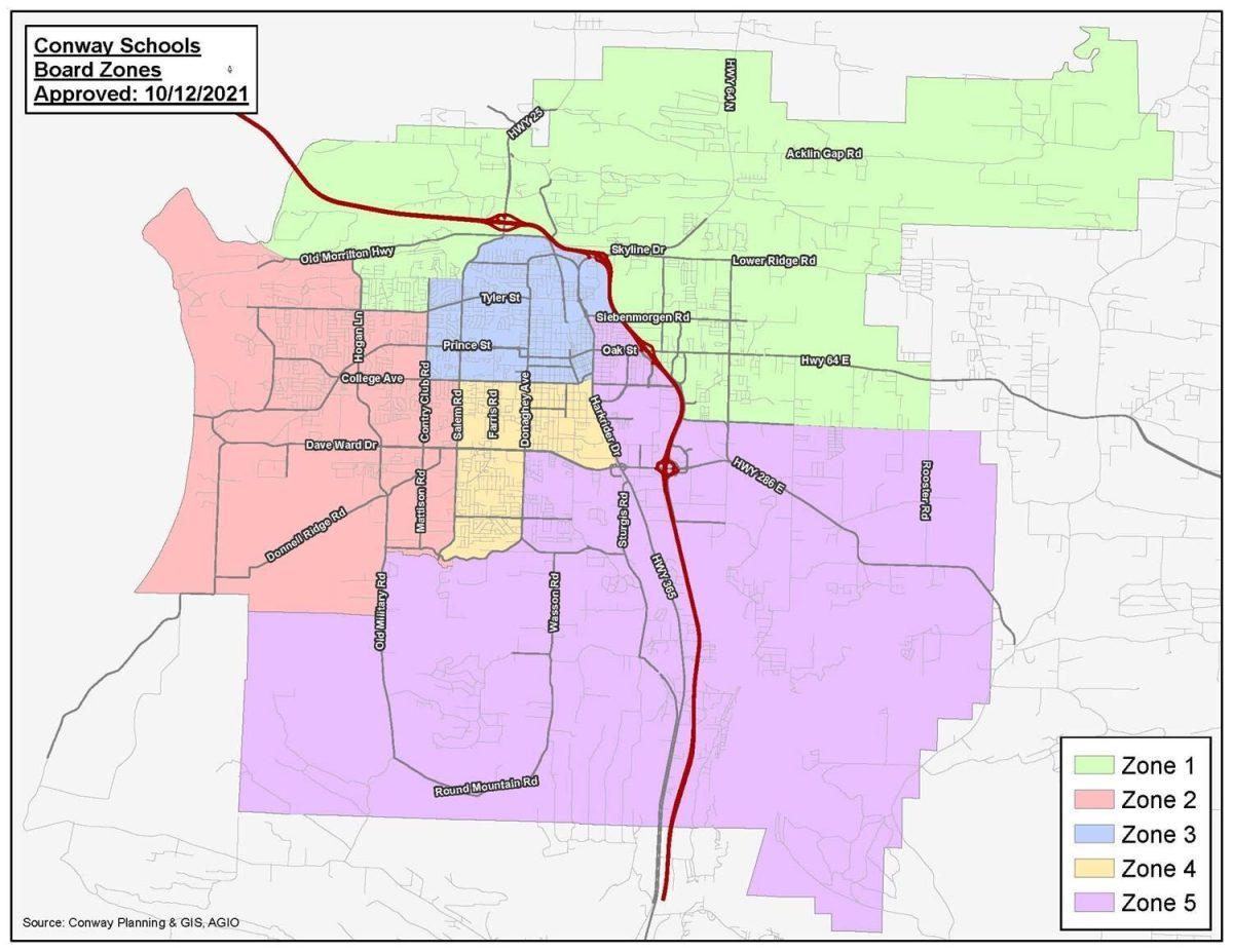 This map shows the five school board voting zones in Conway highlighted in different colors. UCA campus is in Zone 4 and students registered to vote on campus can vote in the upcoming March 5 school board election.