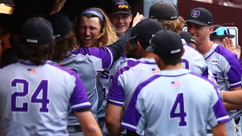 The UCA baseball team celebrates after defeating the Mississippi State Bulldogs. Junior outfielder Drew Sturgeon led the Bears with a total of two runs.