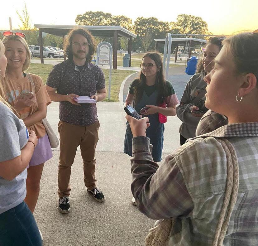 (From left to right) Political reporting students Sydney Cyr, Milo Strain, Emily Kennard, Courtney Shepherd and Madison Ogle ask Justice of the Peace Maree Coats questions at a campaign event in fall 2022. The class covered local and state elections. 