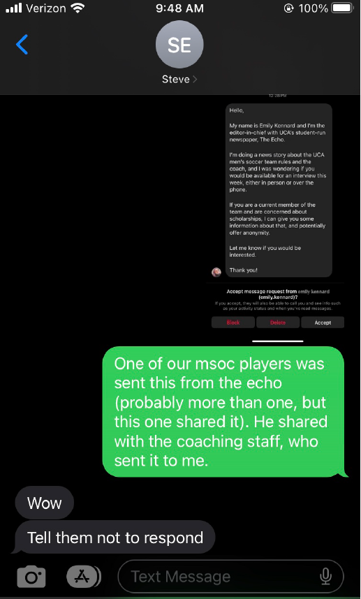 Steve East, associate assistant director for media relations, responds to Ryan Thiele, assistant director of media relations for UCA athletics. East said athletes would not face consequences for responding to the media.