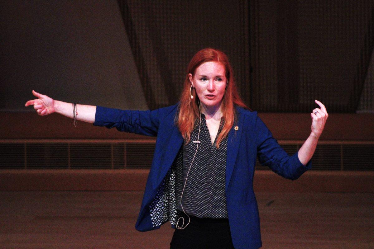 Amber Straughn gestures while sharing about her work on the James Webb Space Telescope. Out-of-state visitors came to the Windgate Center for Fine and Performing Arts to hear her speak about her career.