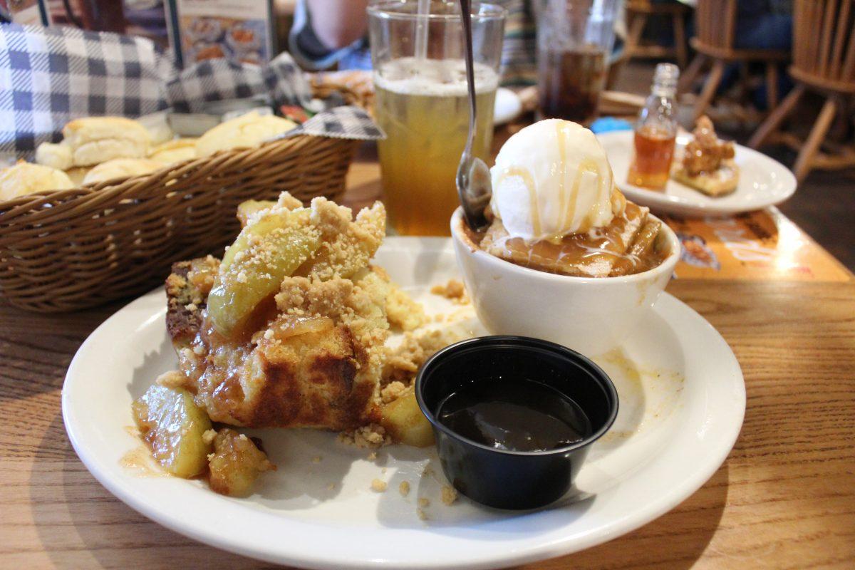 On the left, the fried apple french toast has cheesecake filling, fried apples and brown sugar streusel. On the right, the southern apple cobbler is a fall treat, served with ice cream and drizzled with caramel.