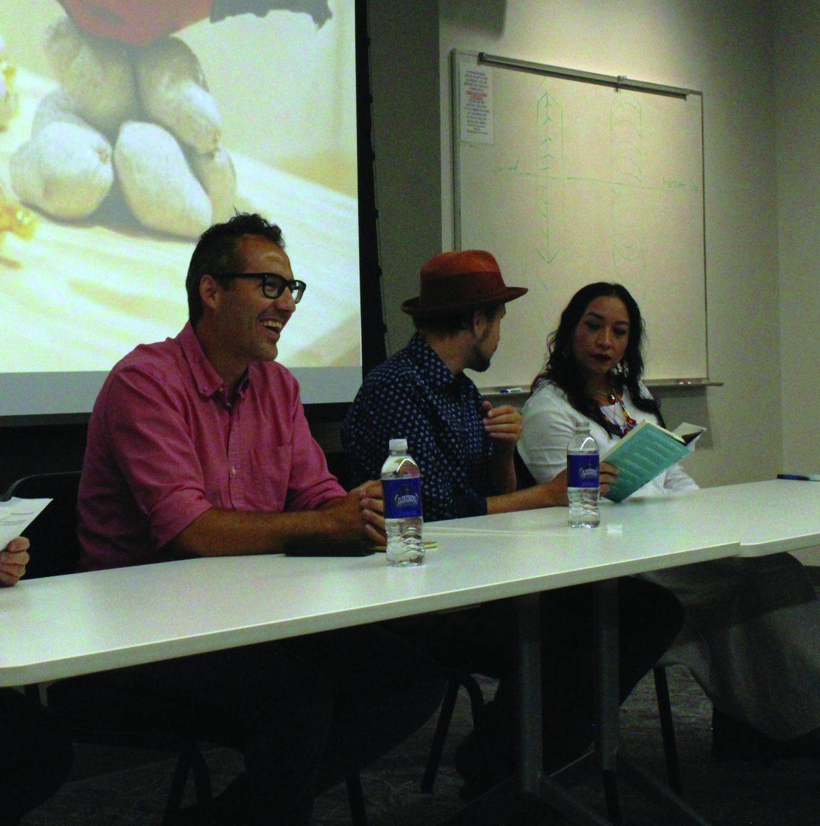 (Left to right) Alejandro González Landeros, Jonathan Christensen Caballero and Magaly Licolli discussed Latin American labor at the Windgate Center. The panel was part of the Artist in Residence feature. 