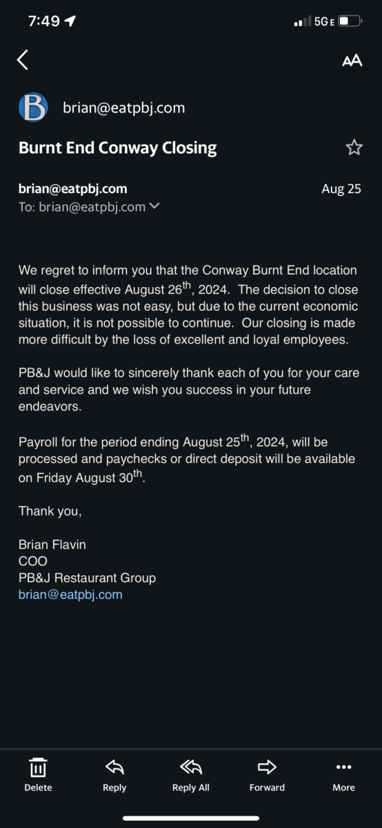 Brian Flavin emails the Burnt End staff at 10:30 p.m. to announce the restaurant's closure. Burnt End shut down Aug. 26.
