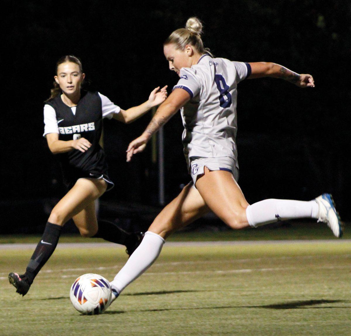 (Left) UCA junior defender Ava Ronsky goes for the steal against (right)North Alabama sophomore midfielder Adelyn Speight. UCA remainsundefeated against North Alabama all time in women’s soccer.(photo by Torrie Herrington)